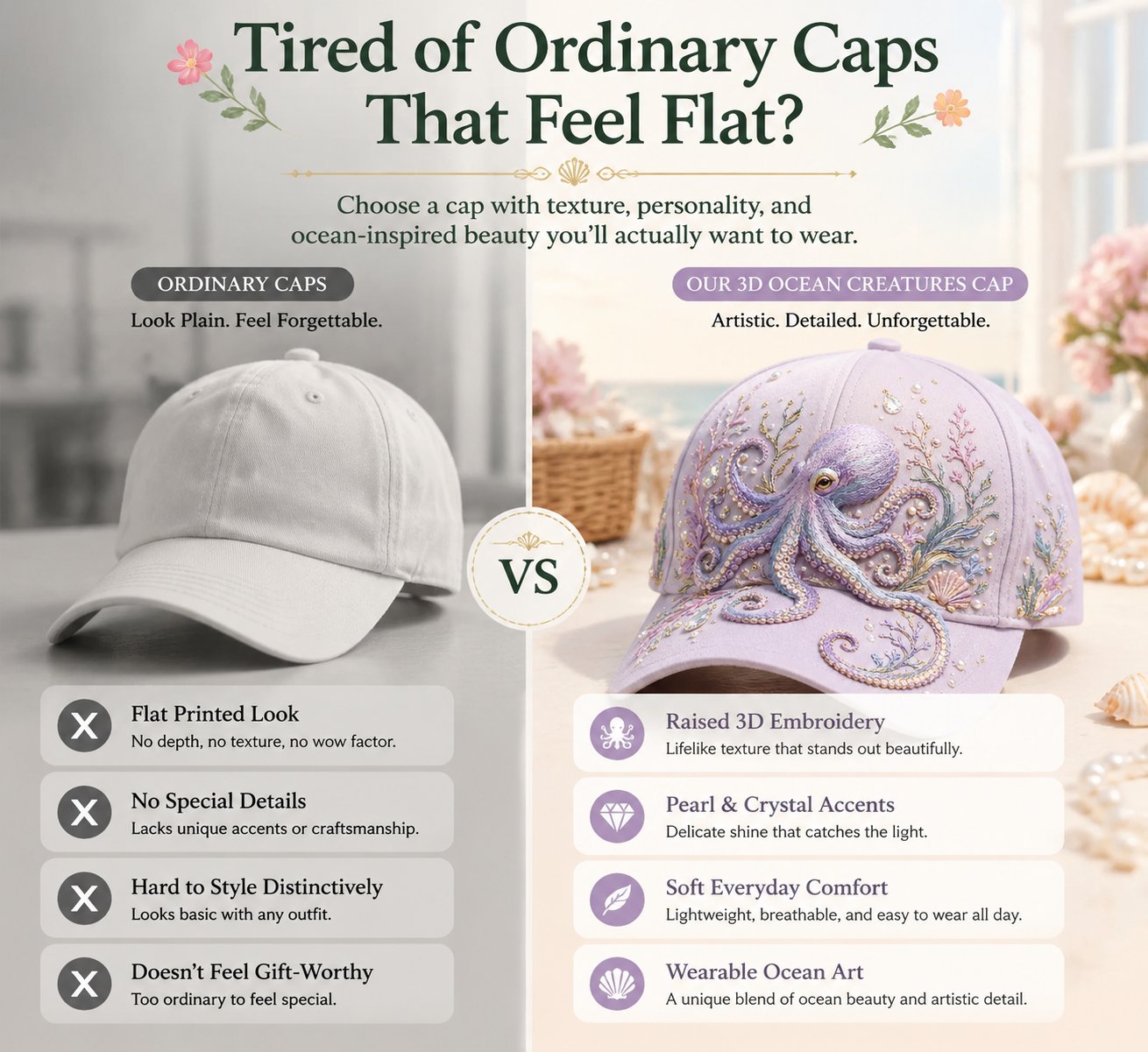 🌊 Casquette 3D brodée – Créatures marines | Perles & cristaux, taille ajustable – Plage, voyage & quotidien