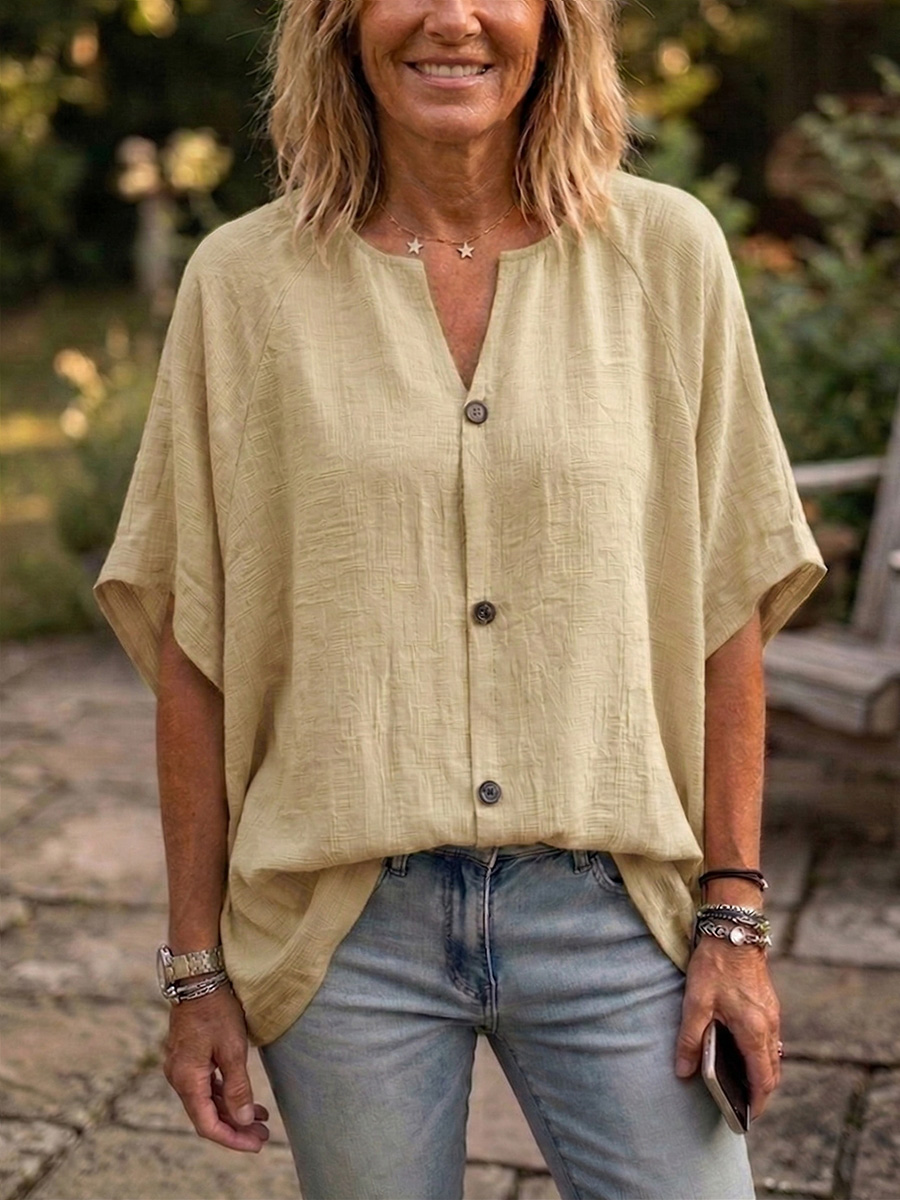 Nouveautés🔥 Blouse femme en coton lin à col Claudine et manches chauve-souris