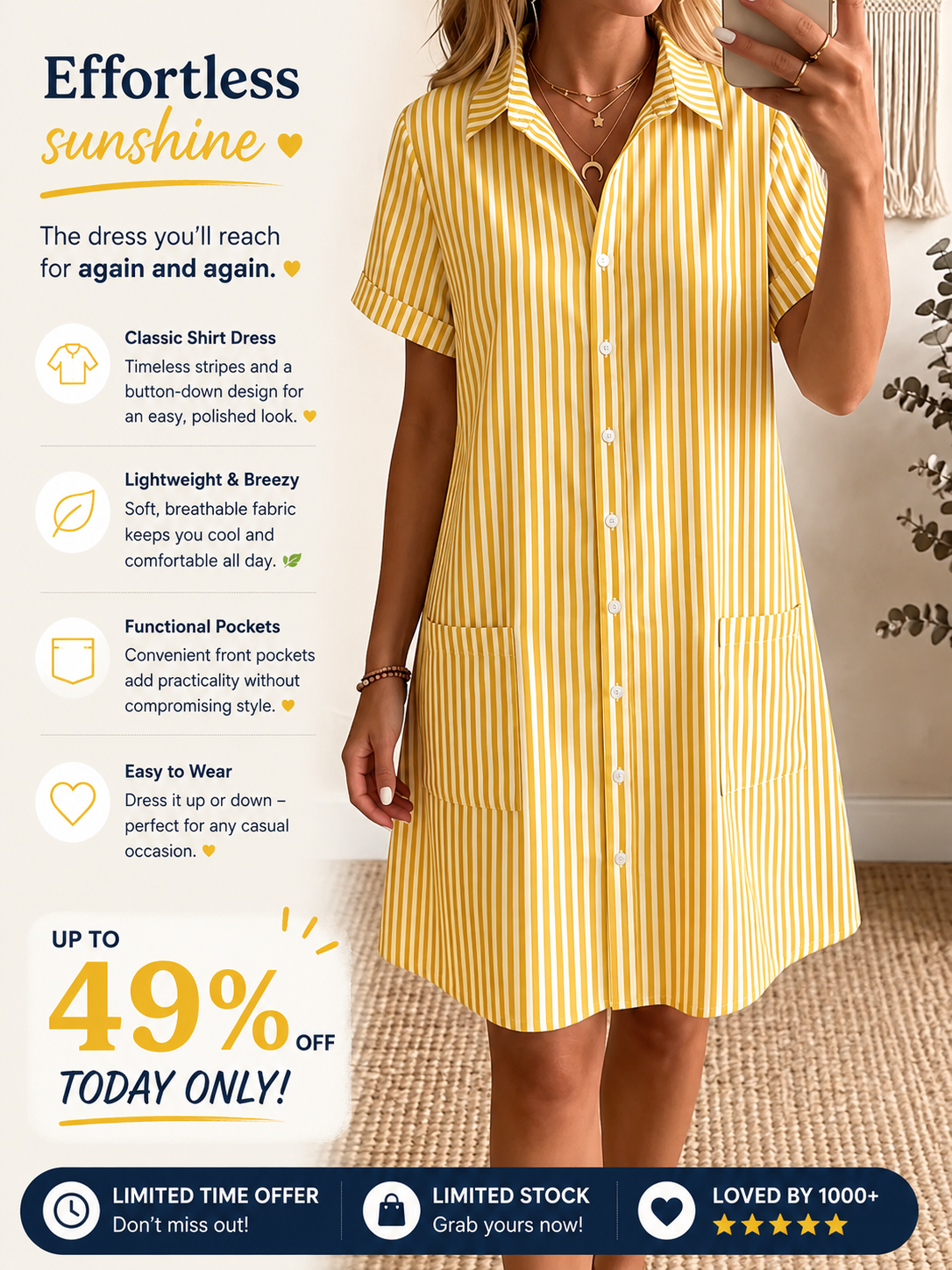 🔥 -49 % aujourd'hui – Robe chemise coton-lin, col classique, rayée, coupe confortable