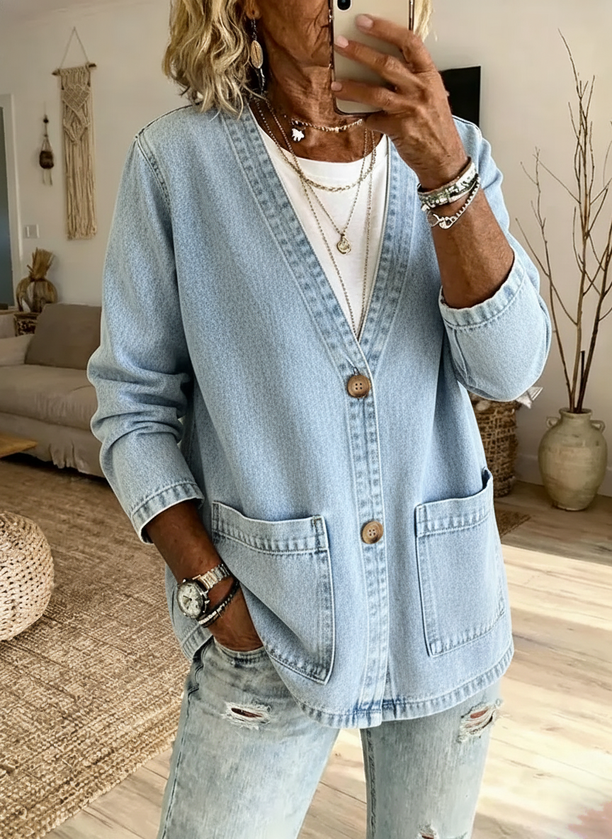 Veste denim lavé – Col V, coupe relax