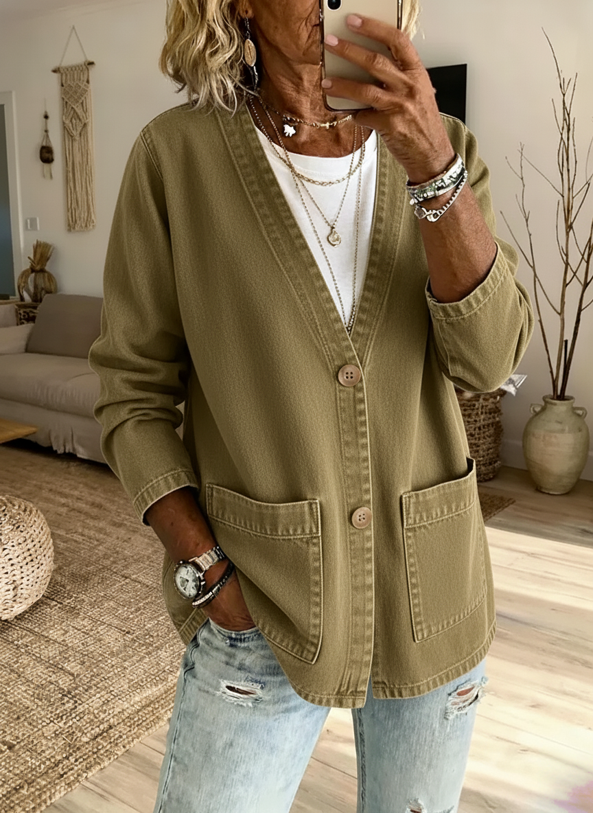 Veste denim lavé – Col V, coupe relax