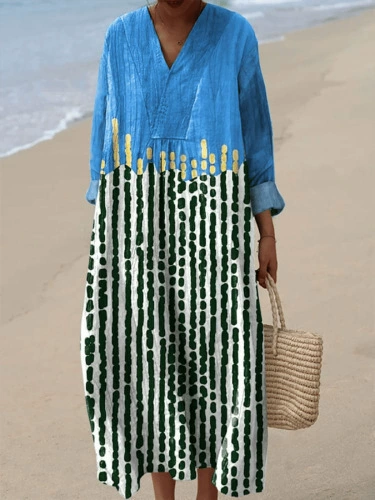 ❤️ Fête des Mères – Robe midi coton-lin, col V, motifs patchwork