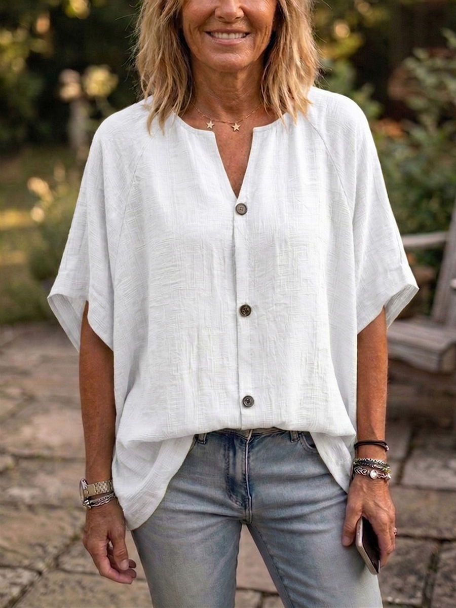 Nouveautés🔥 Blouse femme en coton lin à col Claudine et manches chauve-souris