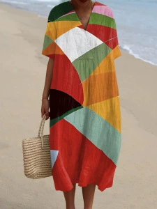 ❤️ Fête des Mères – Robe midi coton-lin, col V, motifs patchwork