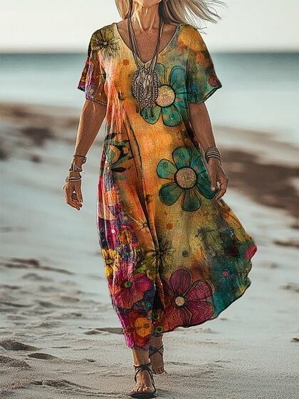 Robe décontractée femme à manches courtes, imprimé floral printanier et col V