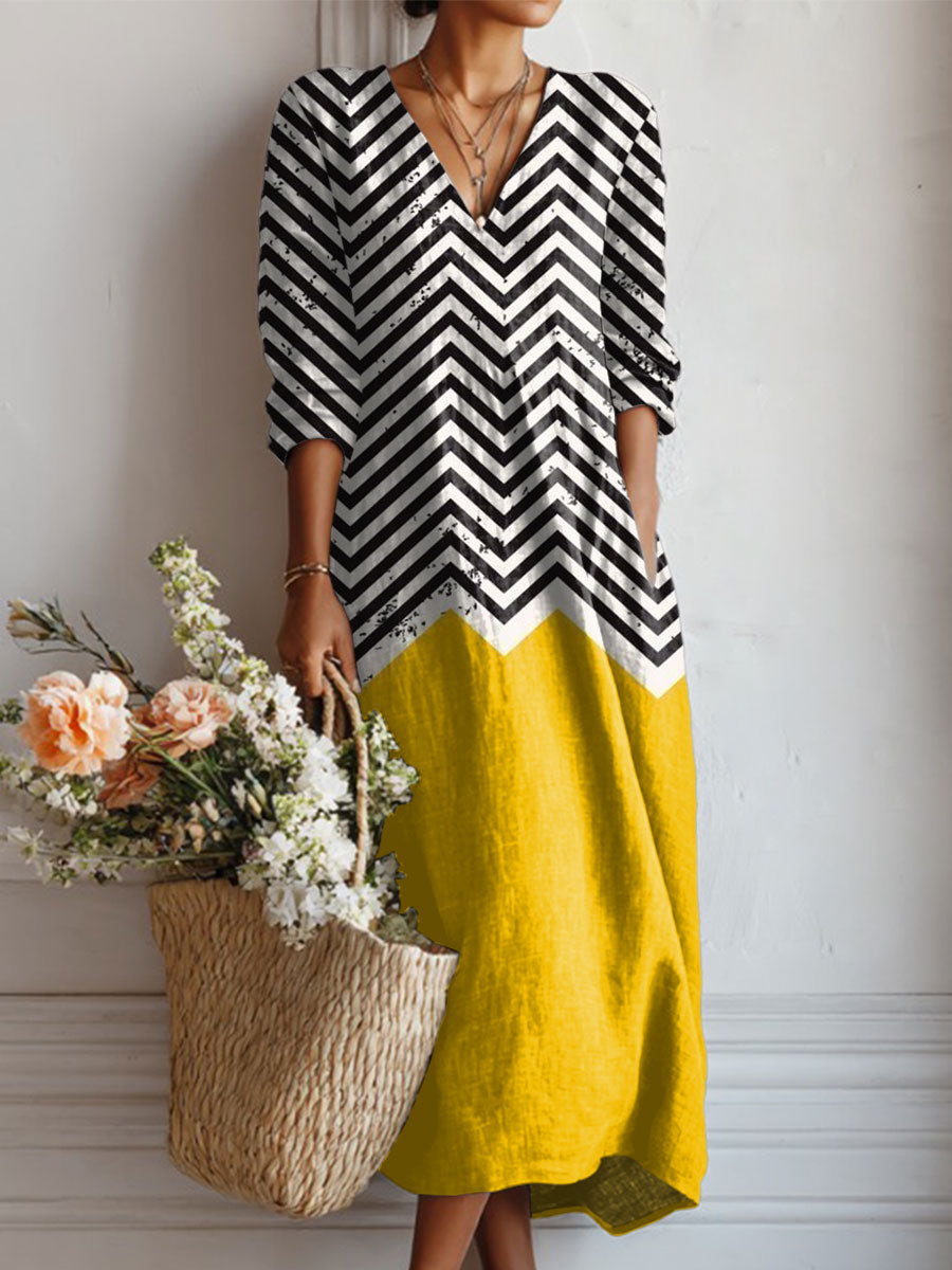 Robe midi coton-lin – Col V, plaid bicolore, style colorblock