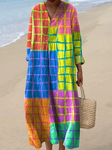 ❤️ Fête des Mères – Robe midi coton-lin, col V, motifs patchwork