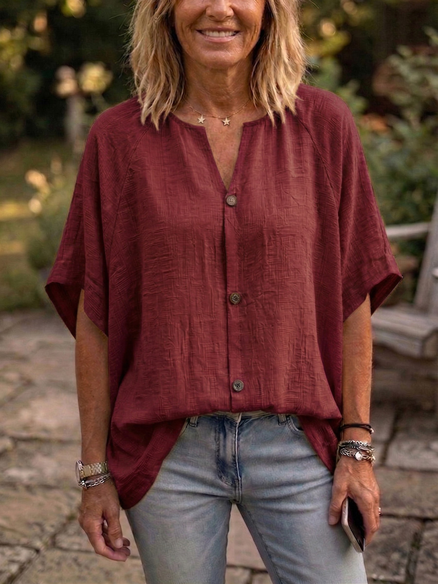 Nouveautés🔥 Blouse femme en coton lin à col Claudine et manches chauve-souris