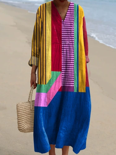 ❤️ Fête des Mères – Robe midi coton-lin, col V, motifs patchwork
