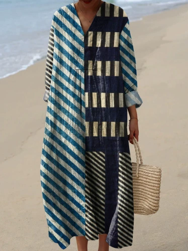 ❤️ Fête des Mères – Robe midi coton-lin, col V, motifs patchwork