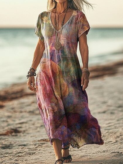 Robe décontractée femme à manches courtes, imprimé floral printanier et col V