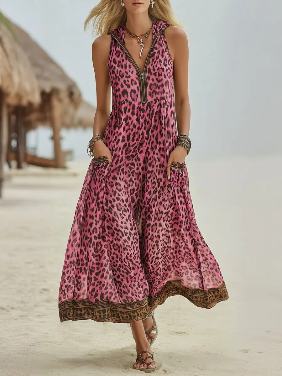 🌷🌷 Robe midi femme – Léopard vert, capuche, style rétro décontracté