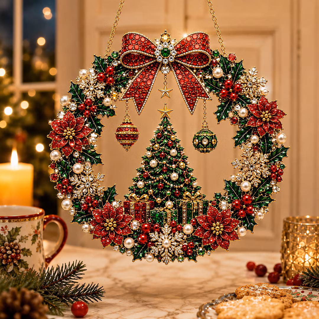 DIY Xmas Pearl Art Diamond Painting Acrylic Wreath Pendant