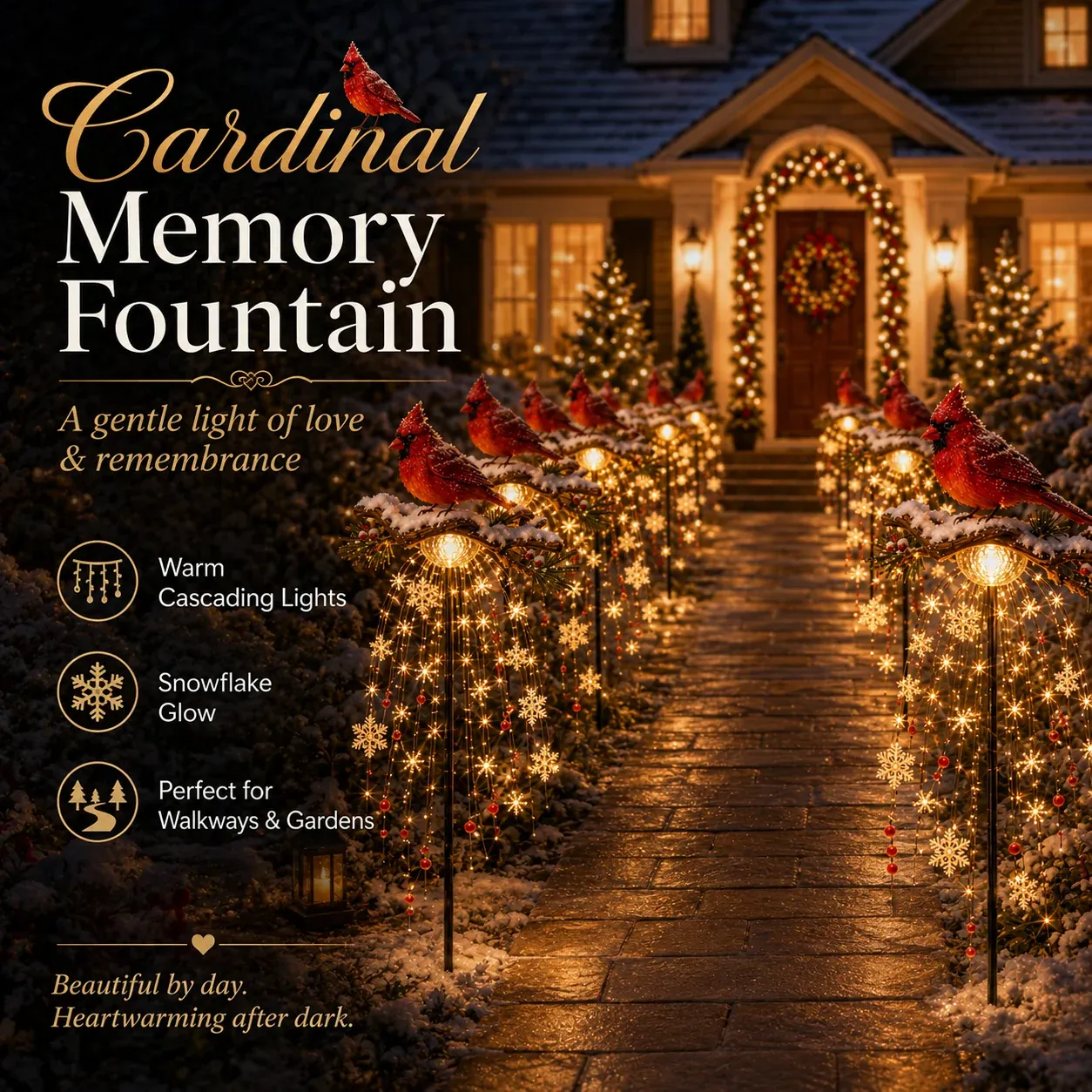 ❤ Cardinal Memory Fountain – Lighted Christmas Remembrance Garden Decor