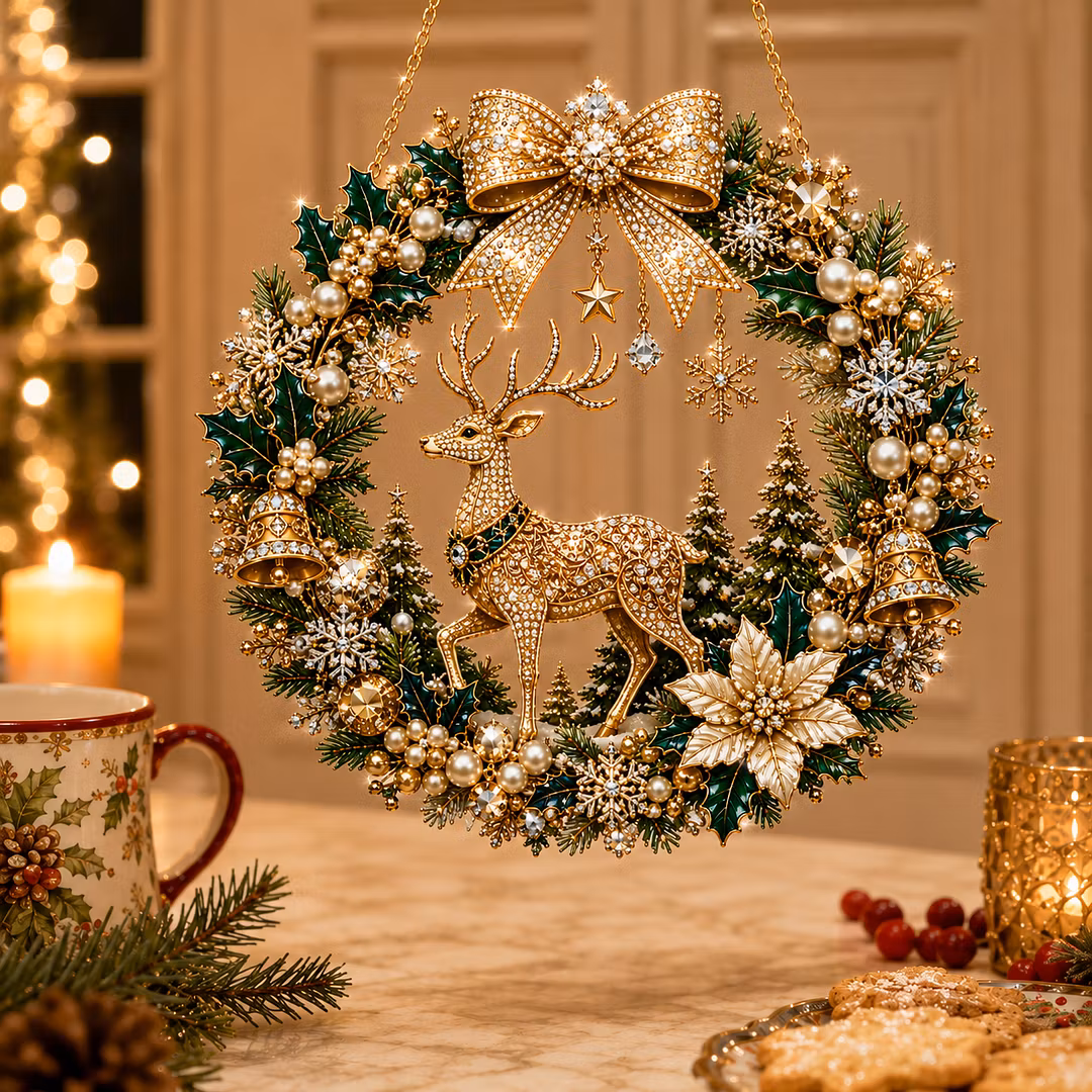 DIY Xmas Pearl Art Diamond Painting Acrylic Wreath Pendant