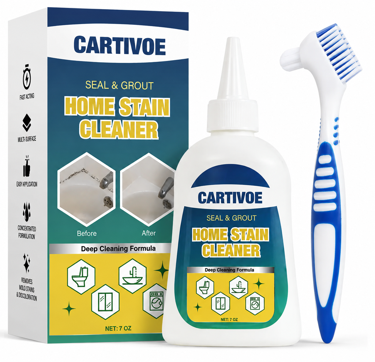 CARTIVOE& BUBCLEAN Mold Remover Gel with Scrub Brush - Heavy Duty Household Deep Cleaning House Supplies for Black Spot Removal, Deep Mold Whitening, Musty Dirt Elim - 7 Fl Oz Cleaner for Washer Gasket, Shower Caulk, Shower Caulk Clean