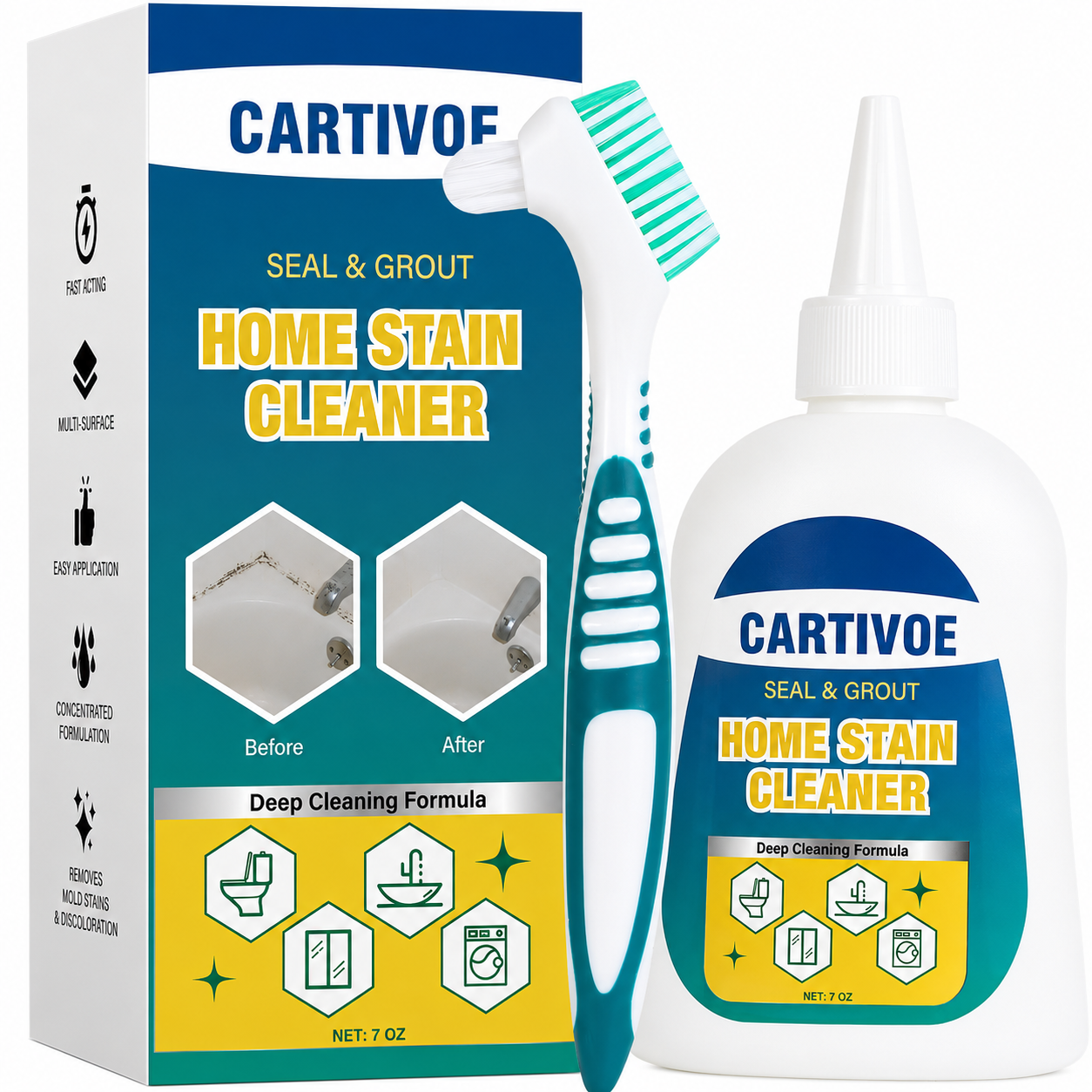 CARTIVOE& BUBCLEAN Mold Remover Gel with Scrub Brush - Heavy Duty Household Deep Cleaning House Supplies for Black Spot Removal, Deep Mold Whitening, Musty Dirt Elim - 7 Fl Oz Cleaner for Washer Gasket, Shower Caulk, Shower Caulk Clean