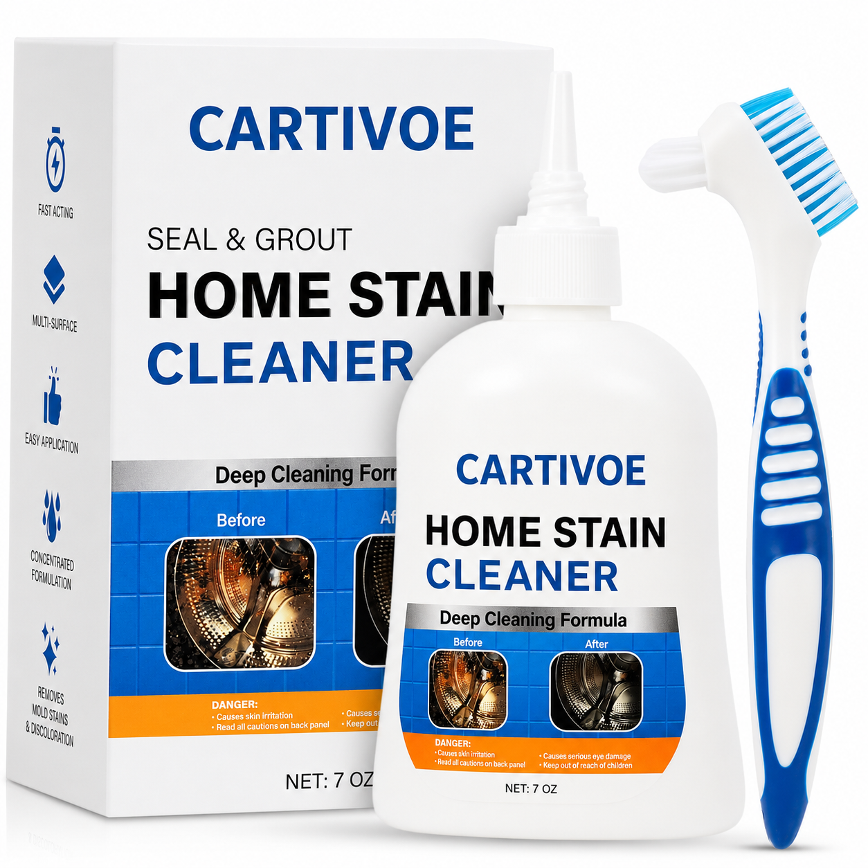 CARTIVOE& BUBCLEAN Mold Remover Gel with Scrub Brush - Heavy Duty Household Deep Cleaning House Supplies for Black Spot Removal, Deep Mold Whitening, Musty Dirt Elim - 7 Fl Oz Cleaner for Washer Gasket, Shower Caulk, Shower Caulk Clean