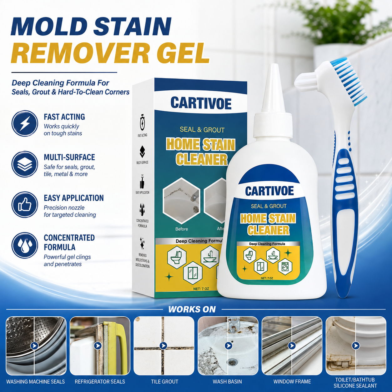 CARTIVOE& BUBCLEAN Mold Remover Gel with Scrub Brush - Heavy Duty Household Deep Cleaning House Supplies for Black Spot Removal, Deep Mold Whitening, Musty Dirt Elim - 7 Fl Oz Cleaner for Washer Gasket, Shower Caulk, Shower Caulk Clean