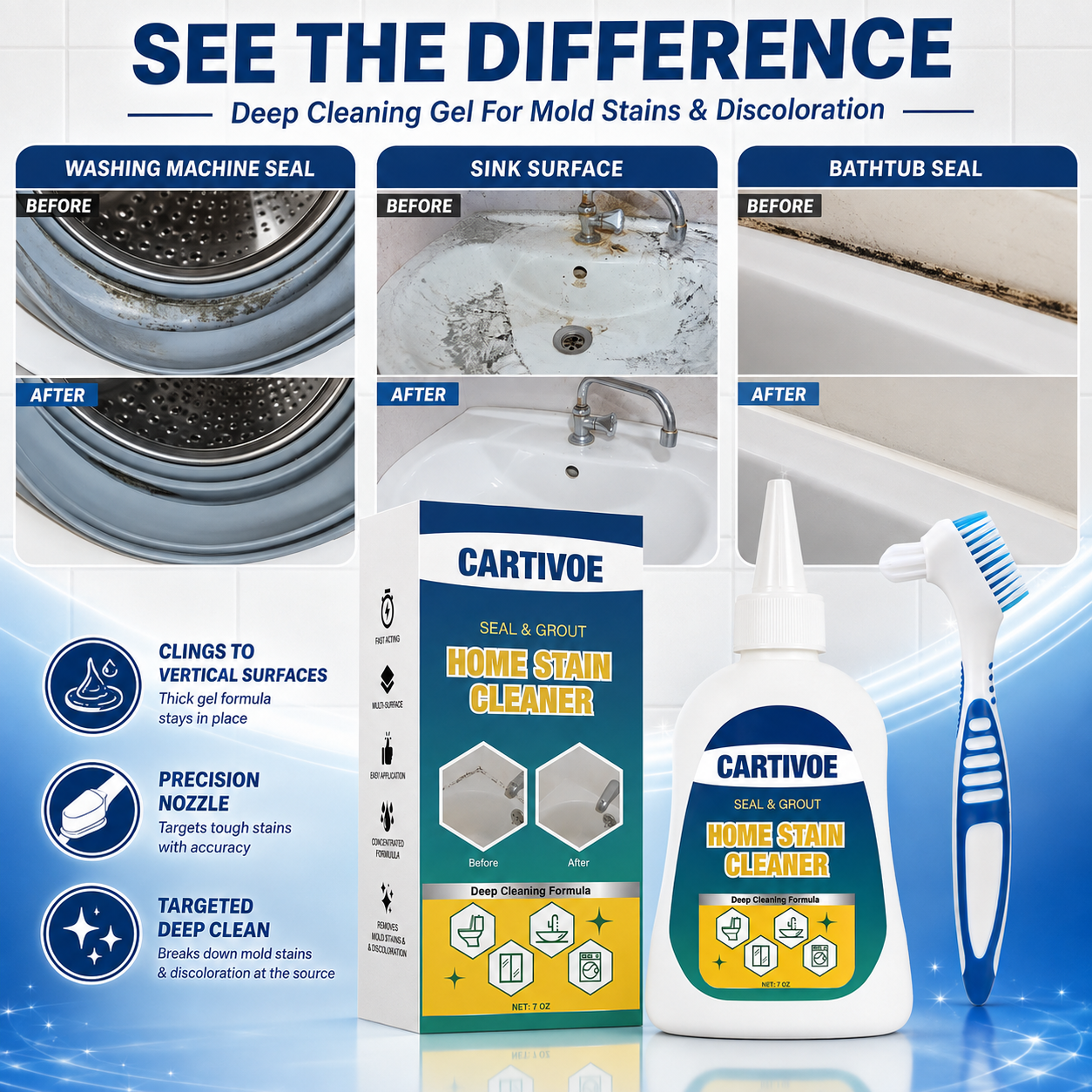 CARTIVOE& BUBCLEAN Mold Remover Gel with Scrub Brush - Heavy Duty Household Deep Cleaning House Supplies for Black Spot Removal, Deep Mold Whitening, Musty Dirt Elim - 7 Fl Oz Cleaner for Washer Gasket, Shower Caulk, Shower Caulk Clean