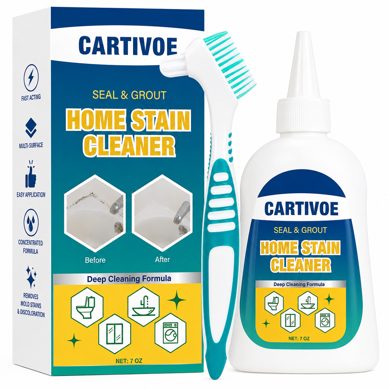 CARTIVOE& BUBCLEAN Mold Remover Gel with Scrub Brush - Heavy Duty Household Deep Cleaning House Supplies for Black Spot Removal, Deep Mold Whitening, Musty Dirt Elim - 7 Fl Oz Cleaner for Washer Gasket, Shower Caulk, Shower Caulk Clean