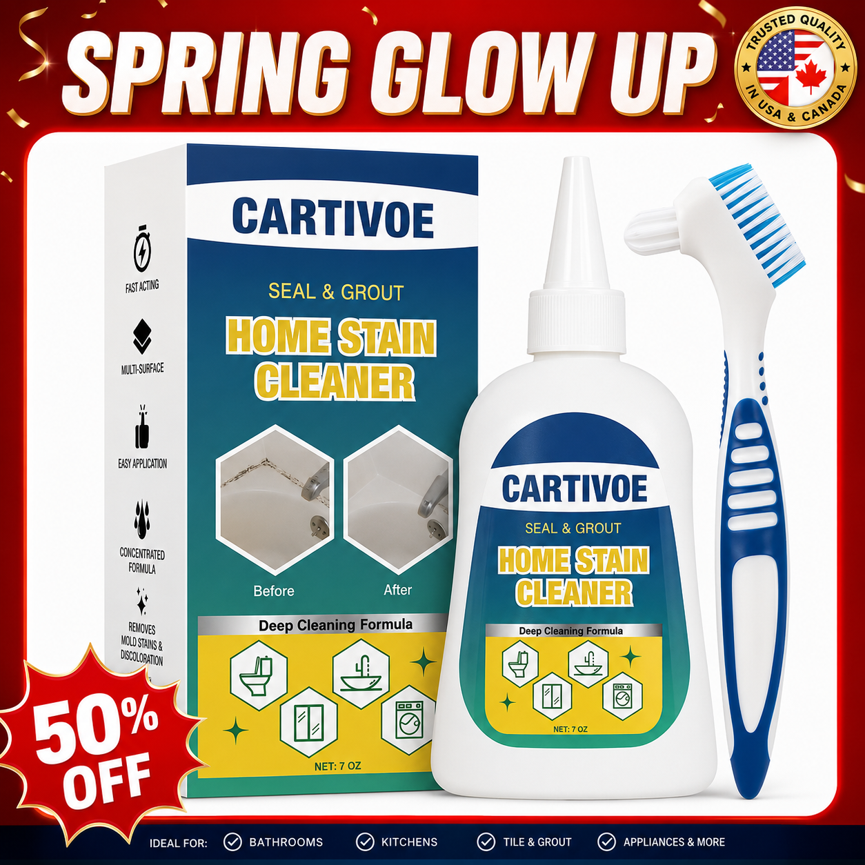 CARTIVOE& BUBCLEAN Mold Remover Gel with Scrub Brush - Heavy Duty Household Deep Cleaning House Supplies for Black Spot Removal, Deep Mold Whitening, Musty Dirt Elim - 7 Fl Oz Cleaner for Washer Gasket, Shower Caulk, Shower Caulk Clean