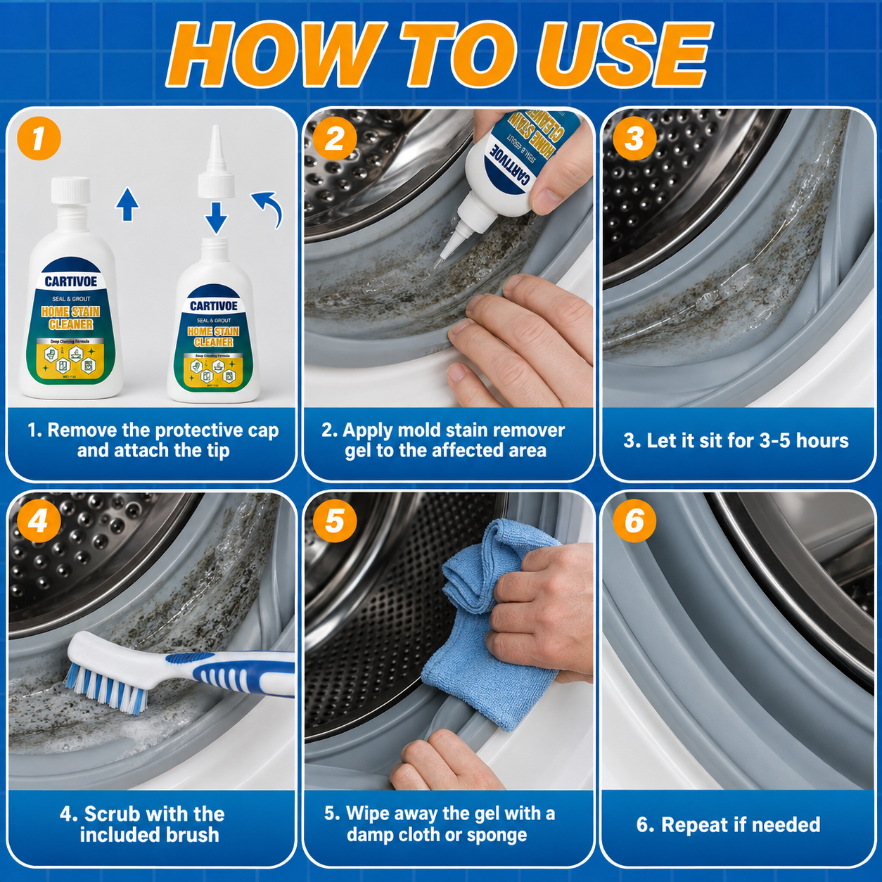 CARTIVOE& BUBCLEAN Mold Remover Gel with Scrub Brush - Heavy Duty Household Deep Cleaning House Supplies for Black Spot Removal, Deep Mold Whitening, Musty Dirt Elim - 7 Fl Oz Cleaner for Washer Gasket, Shower Caulk, Shower Caulk Clean