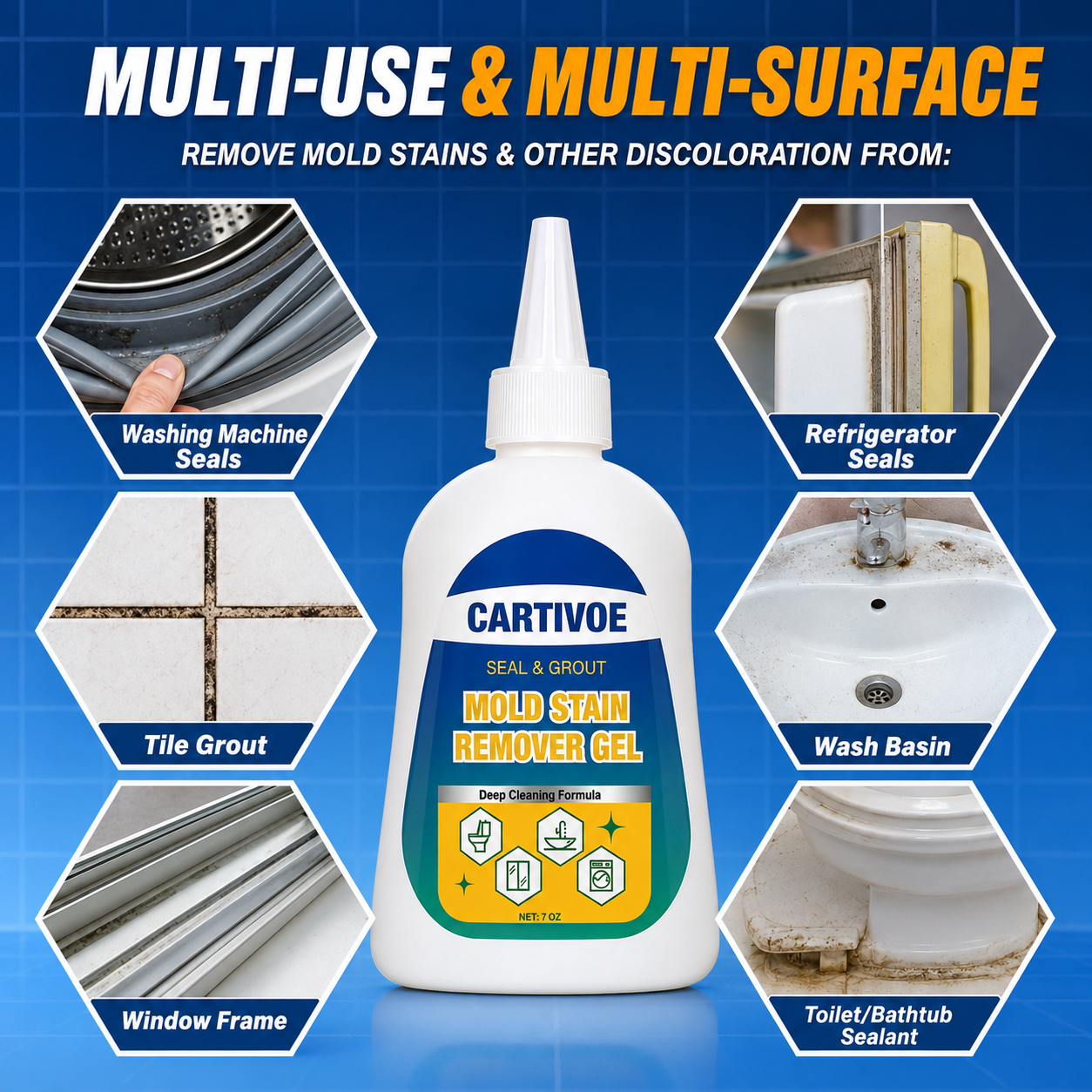 CARTIVOE& BUBCLEAN Mold Remover Gel with Scrub Brush - Heavy Duty Household Deep Cleaning House Supplies for Black Spot Removal, Deep Mold Whitening, Musty Dirt Elim - 7 Fl Oz Cleaner for Washer Gasket, Shower Caulk, Shower Caulk Clean