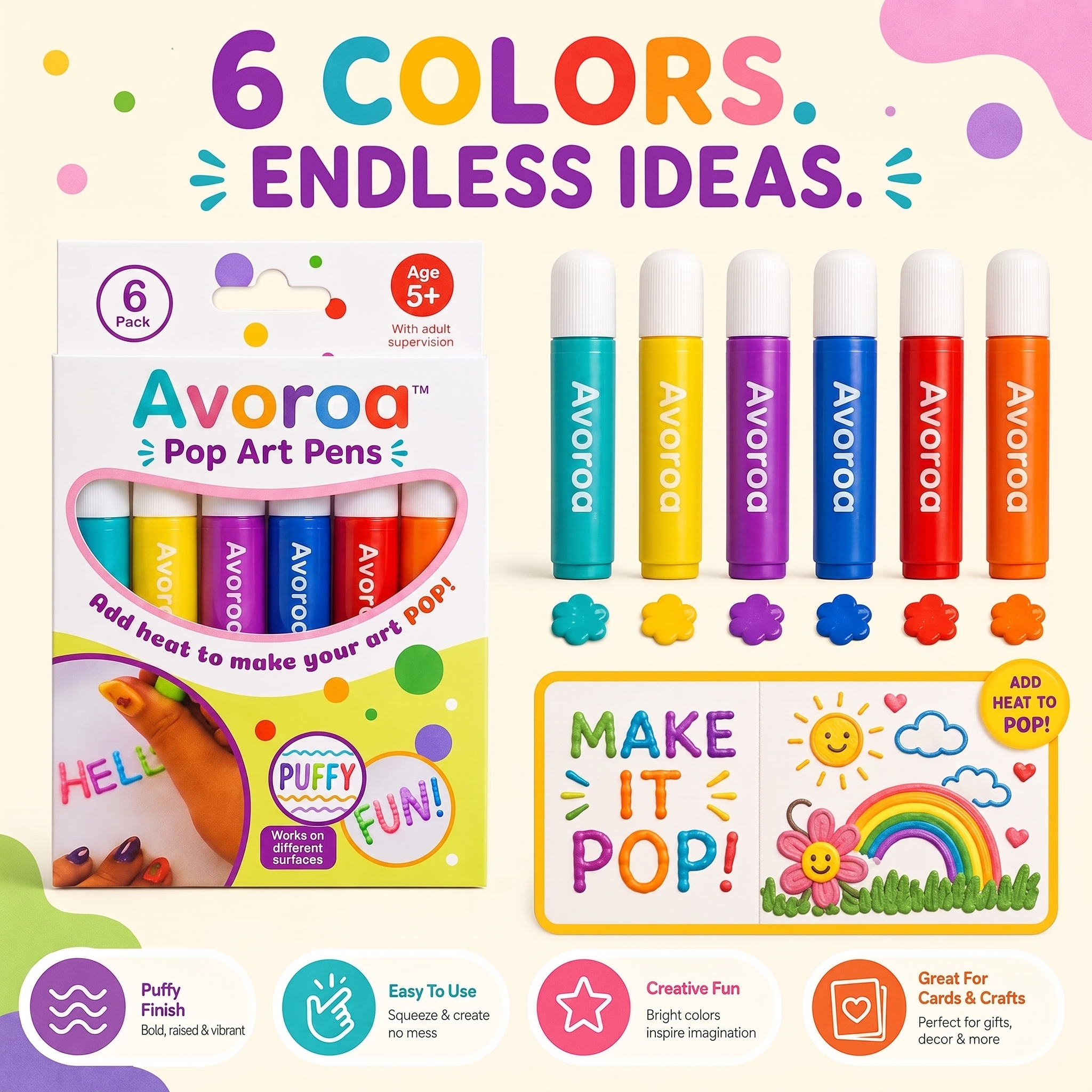 Avoroa Pop Art Pens 6-color set and colorful raised art examples