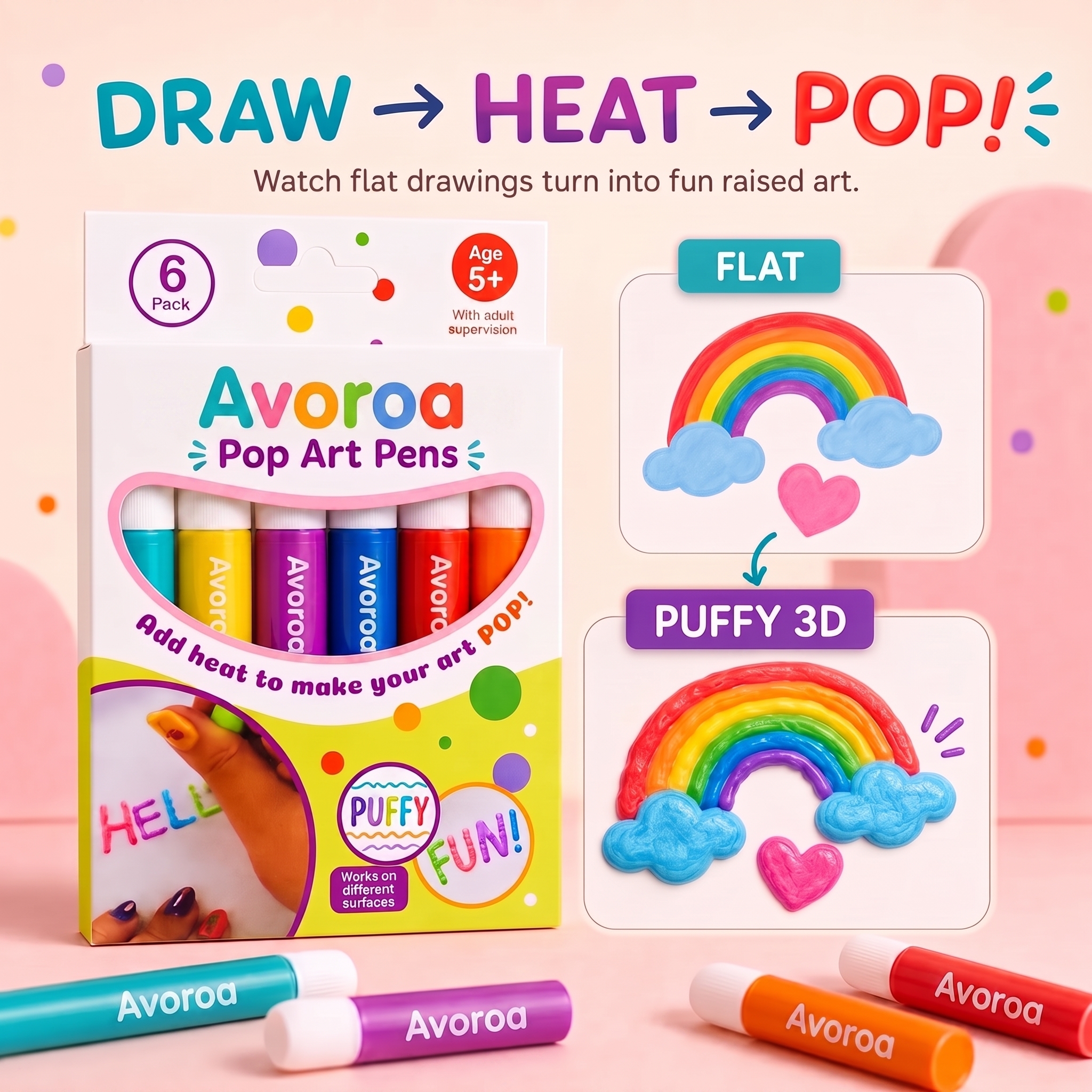 Avoroa Pop Art Pens flat drawing and puffy 3D result