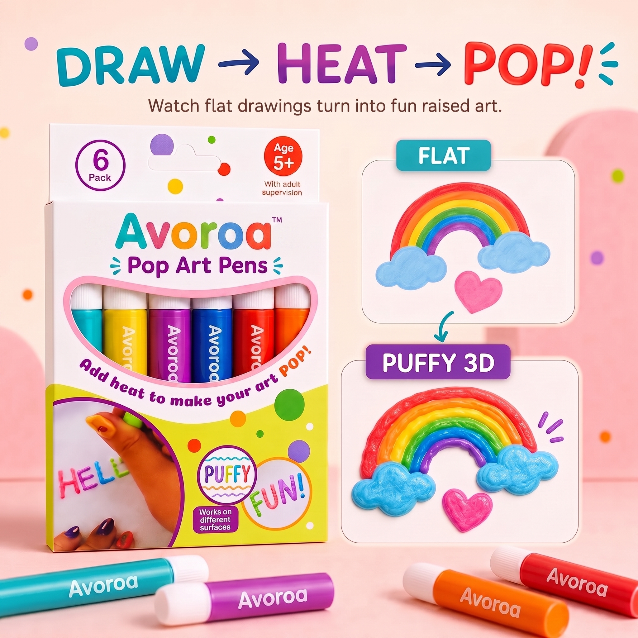 Avoroa Pop Art Pens draw, heat, and pop demonstration