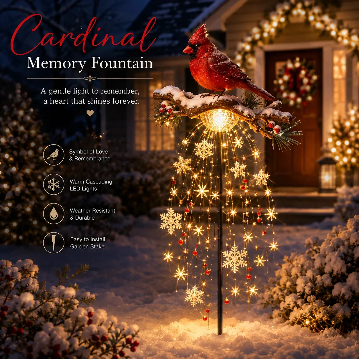 ❤ Cardinal Memory Fountain – Lighted Christmas Remembrance Garden Decor