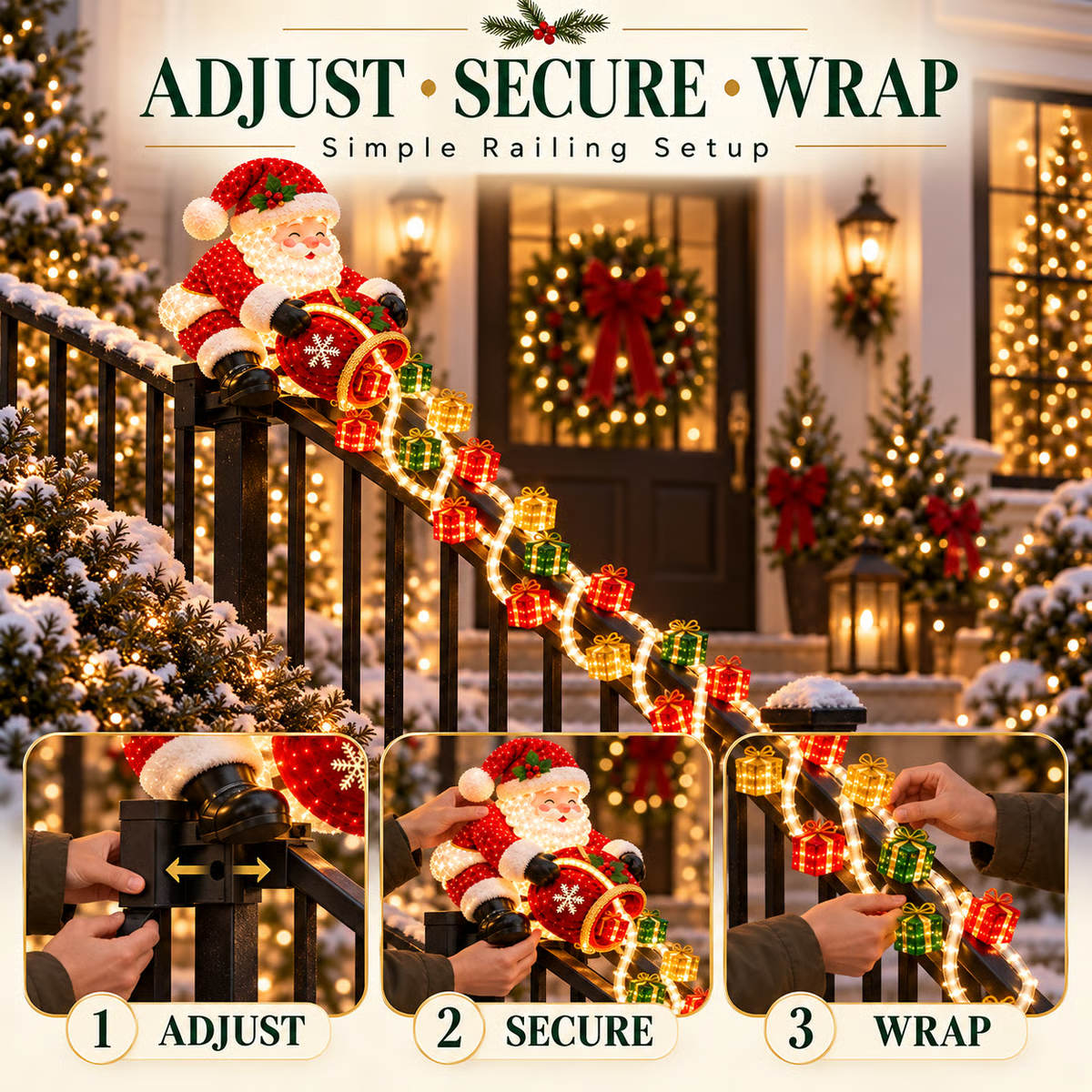 🎅 62% OFF | Santa’s Magical Gift Cascade Lights – Festive Railing & Stairway Christmas Decor ✨