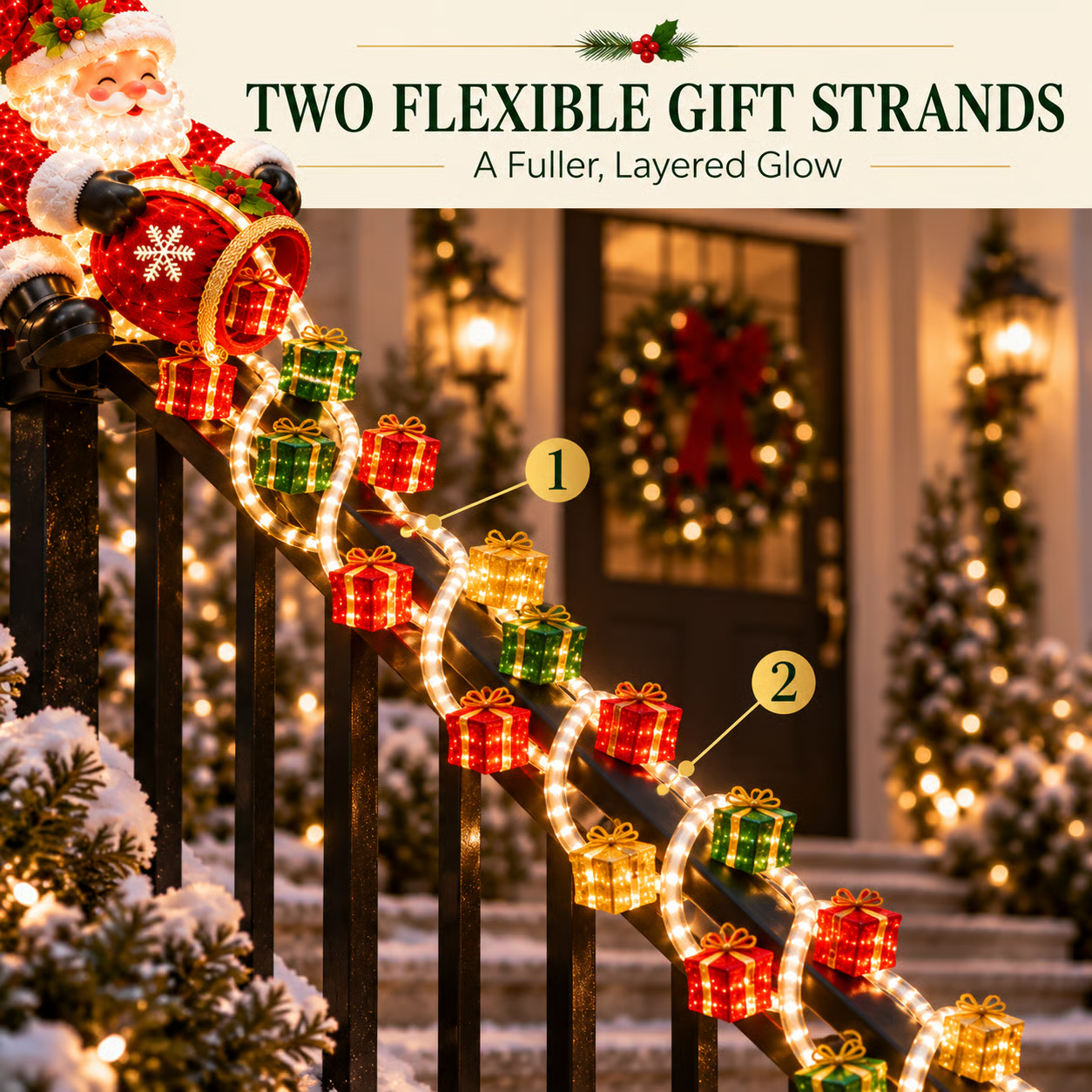 🎅 62% OFF | Santa’s Magical Gift Cascade Lights – Festive Railing & Stairway Christmas Decor ✨
