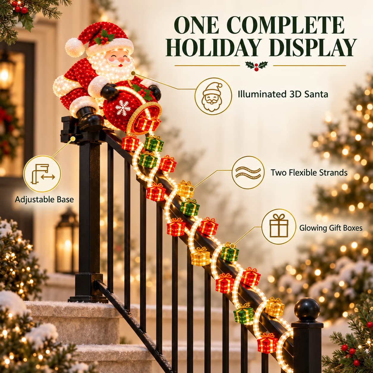 🎅 62% OFF | Santa’s Magical Gift Cascade Lights – Festive Railing & Stairway Christmas Decor ✨