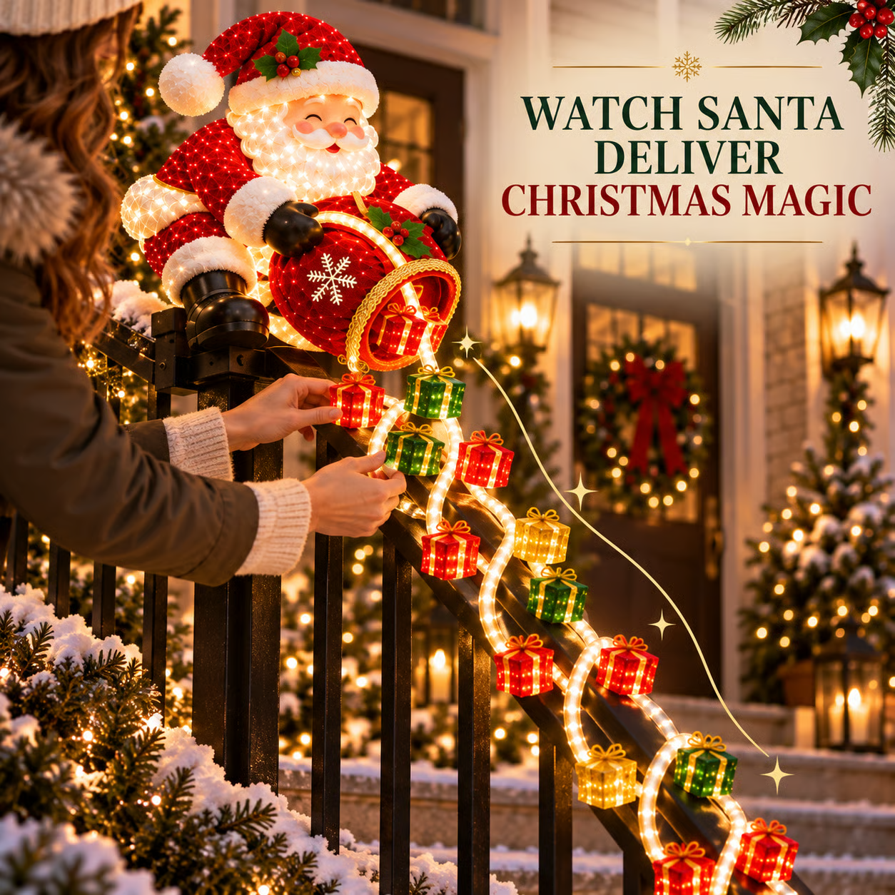 🎅 62% OFF | Santa’s Magical Gift Cascade Lights – Festive Railing & Stairway Christmas Decor ✨