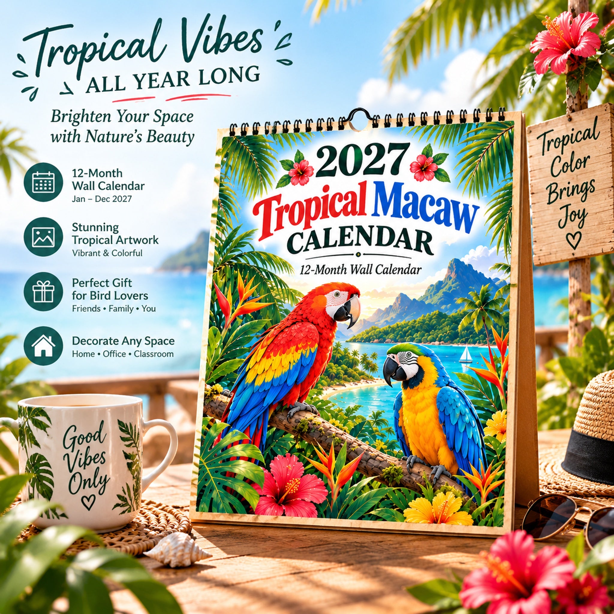 2027 Tropical Macaw Calendar – Colorful 12-Month Wall Calendar