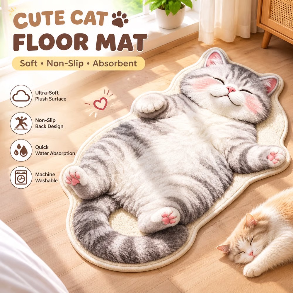 🐱 Chubby Tabby Cat Rug – Soft Washable Animal-Shaped Floor Mat