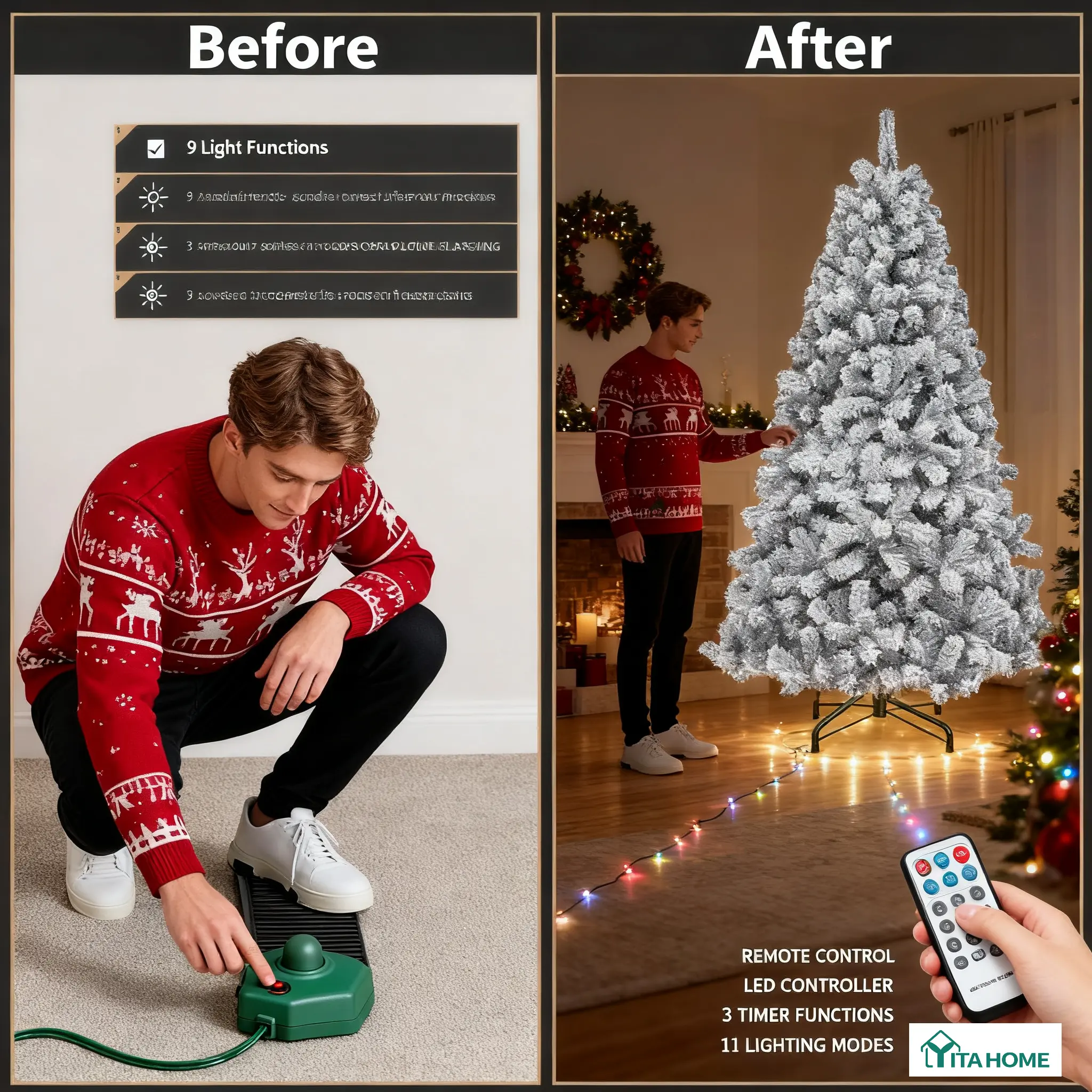 Cartivoe™ Pre-Lit Flocked Artificial Christmas Tree – 11 Light Modes, Warm White Lights, Full PVC Branches & Remote Control, 4.5/6/7.5/9 ft 🎄✨