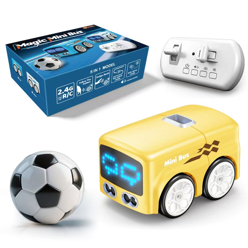 🔥49% OFF🔥 Remote Control Mini Bus Toy for Kids – Changing Faces, Lights & Soccer Ball ⚽