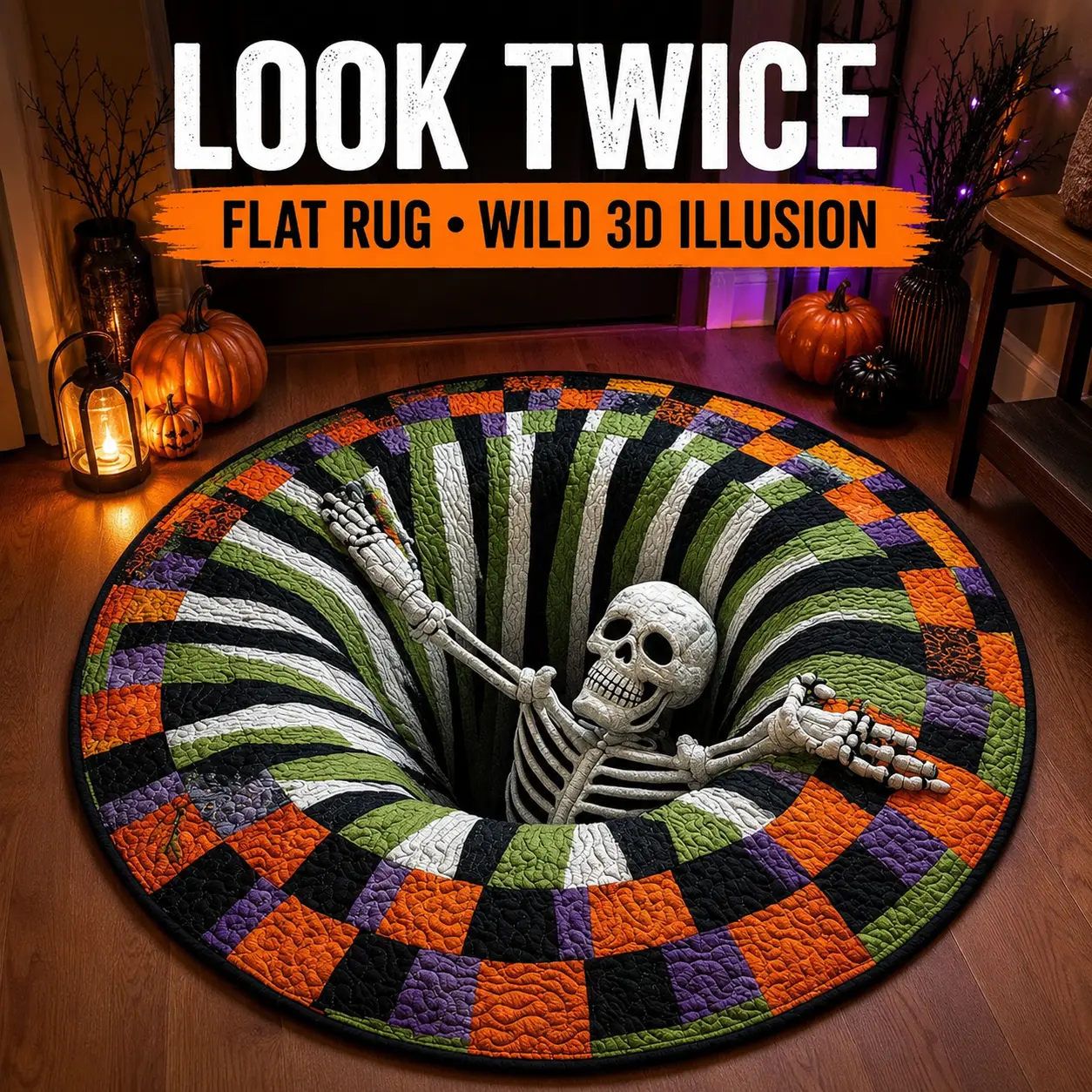 Cartivoe™ Halloween 3D Skeleton Illusion Round Rug – 31.5" (80 cm) Quilted Polyester Floor Mat 💀🎃