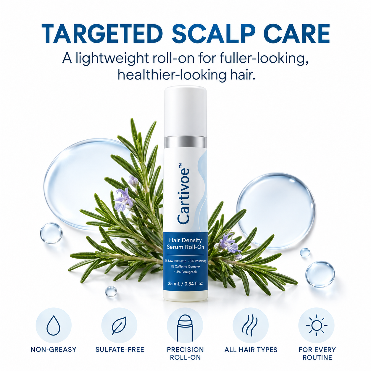 Cartivoe™ Advanced Hair Density Roll-On Scalp Serum – 5% Saw Palmetto, 3% Rosemary, 1% Caffeine Complex & 3% Fenugreek, Non-Greasy Care for Fuller-Looking Hair, 25 mL 🌿