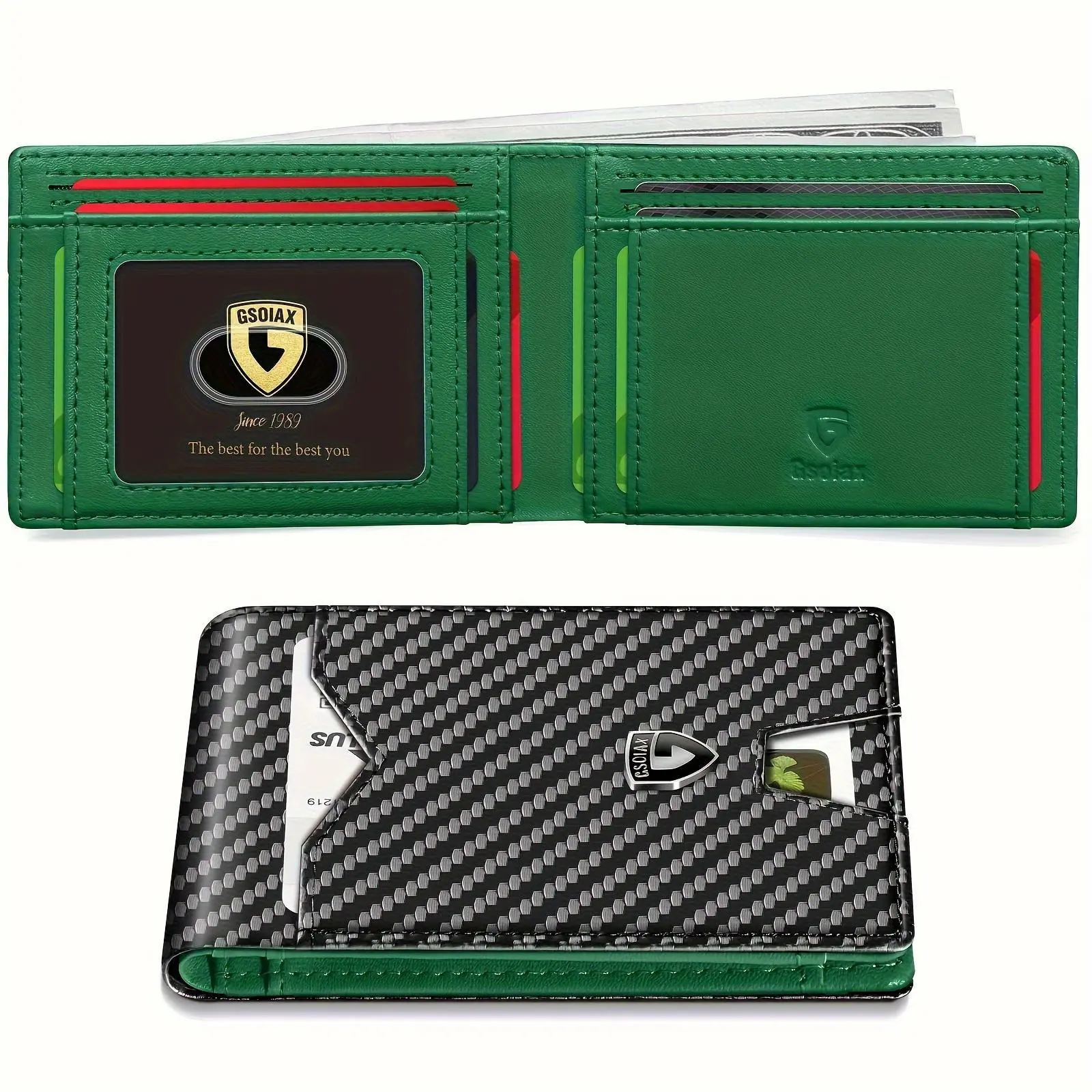 GSOIAX Slim RFID Blocking Bifold Leather Wallet, Carbon Fiber Black