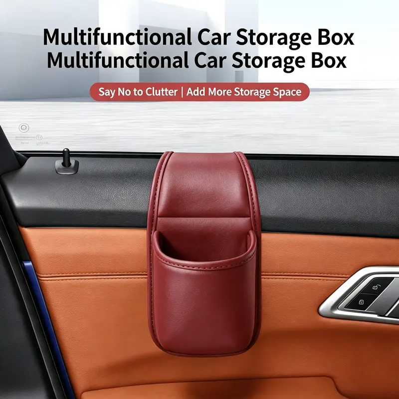 Leather car door storage pocket - double-layer compartments, scratch-proof flannel lining, residue-free adhesive, organizes keys & phones, keeps car interiors tidy, fits most sedans, SUVs and trucks for daily driving