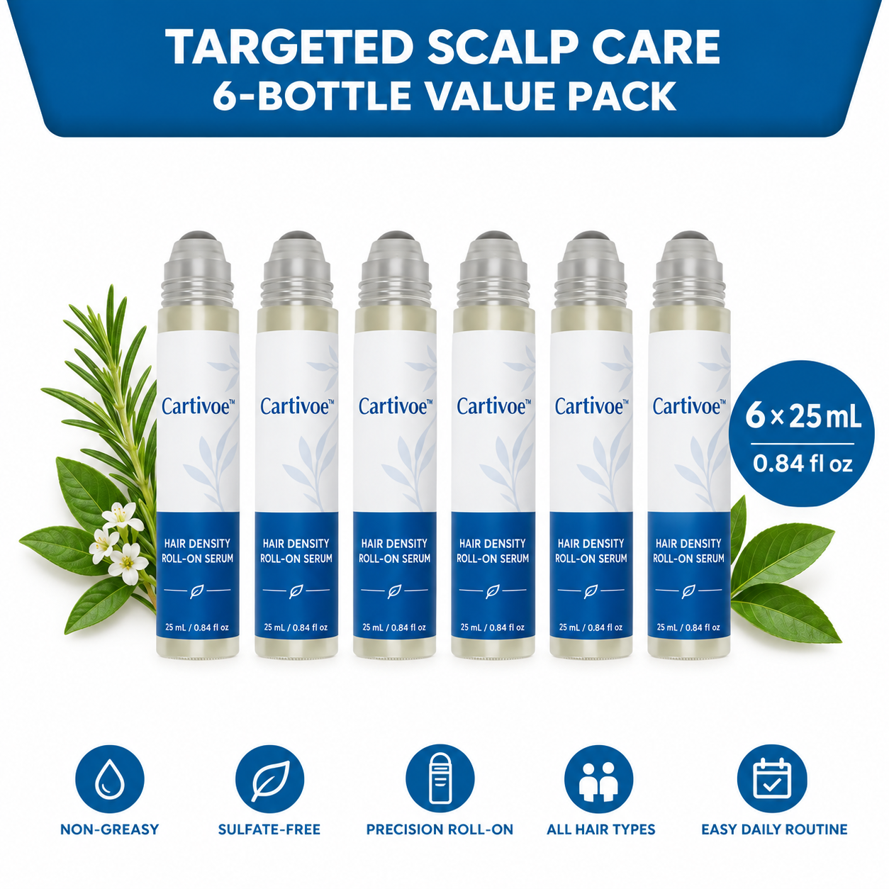 Cartivoe™ Advanced Hair Density Roll-On Scalp Serum – 5% Saw Palmetto, 3% Rosemary, 1% Caffeine Complex & 3% Fenugreek, Non-Greasy Care for Fuller-Looking Hair, 25 mL 🌿