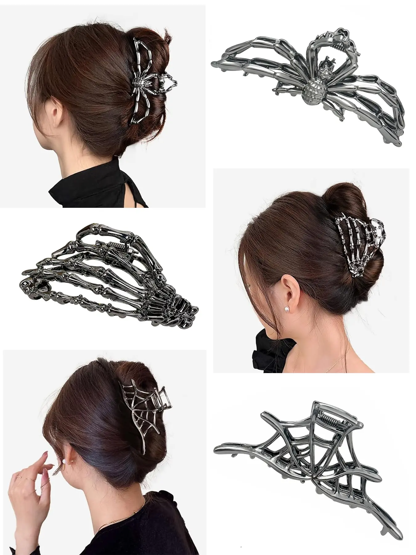 3 Pcs Hair Claw Clip Set Metal Skull Spider Web, Black
