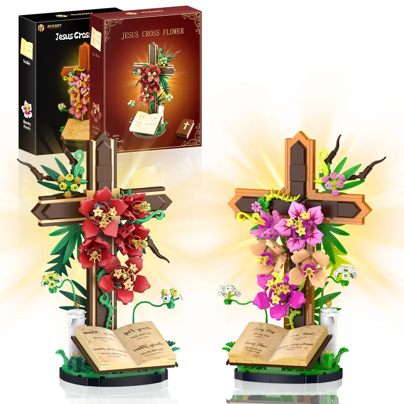 ✝️ Jesus Cross Flower Building Set, 363PCS 🌸 Kapok Flowers, Dogwood Blossoms & 🕊️ Olive Branches, Christian Decor & Christmas Gift 🎁