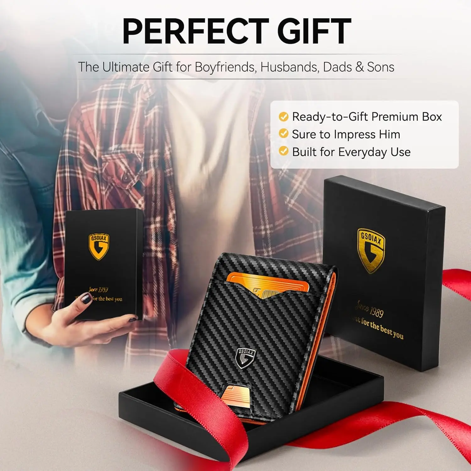 GSOIAX Slim RFID Blocking Bifold Leather Wallet, Carbon Fiber Black