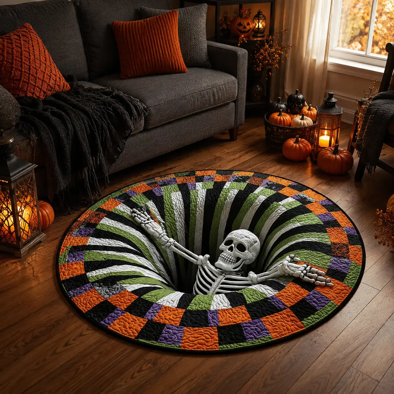 Cartivoe™ Halloween 3D Skeleton Illusion Round Rug – 31.5" (80 cm) Quilted Polyester Floor Mat 💀🎃