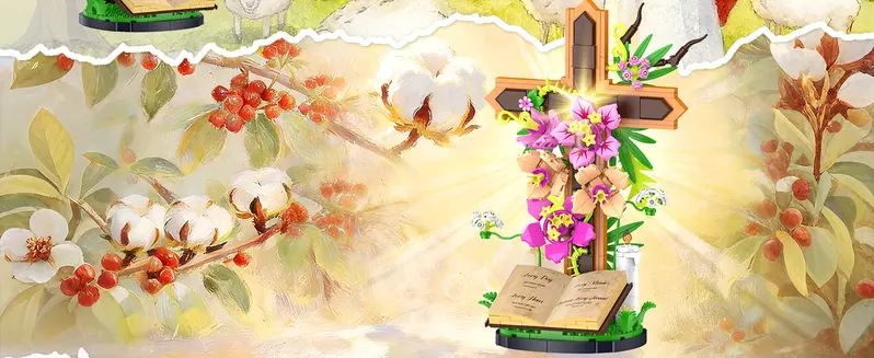 Pink and cream floral cross with botanical details